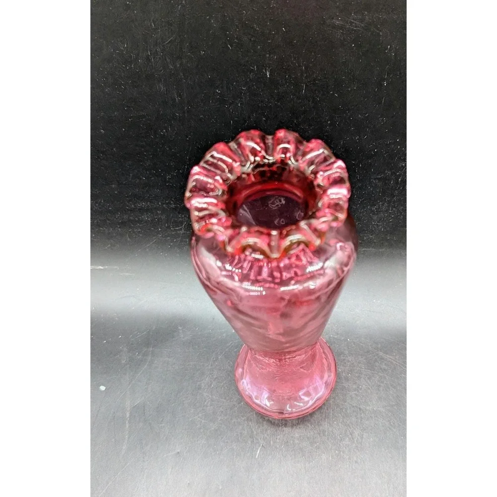 Vintage Fenton Cranberry Glass Vase Optic Ribbed Ruffled‎ Pink 8 Inch